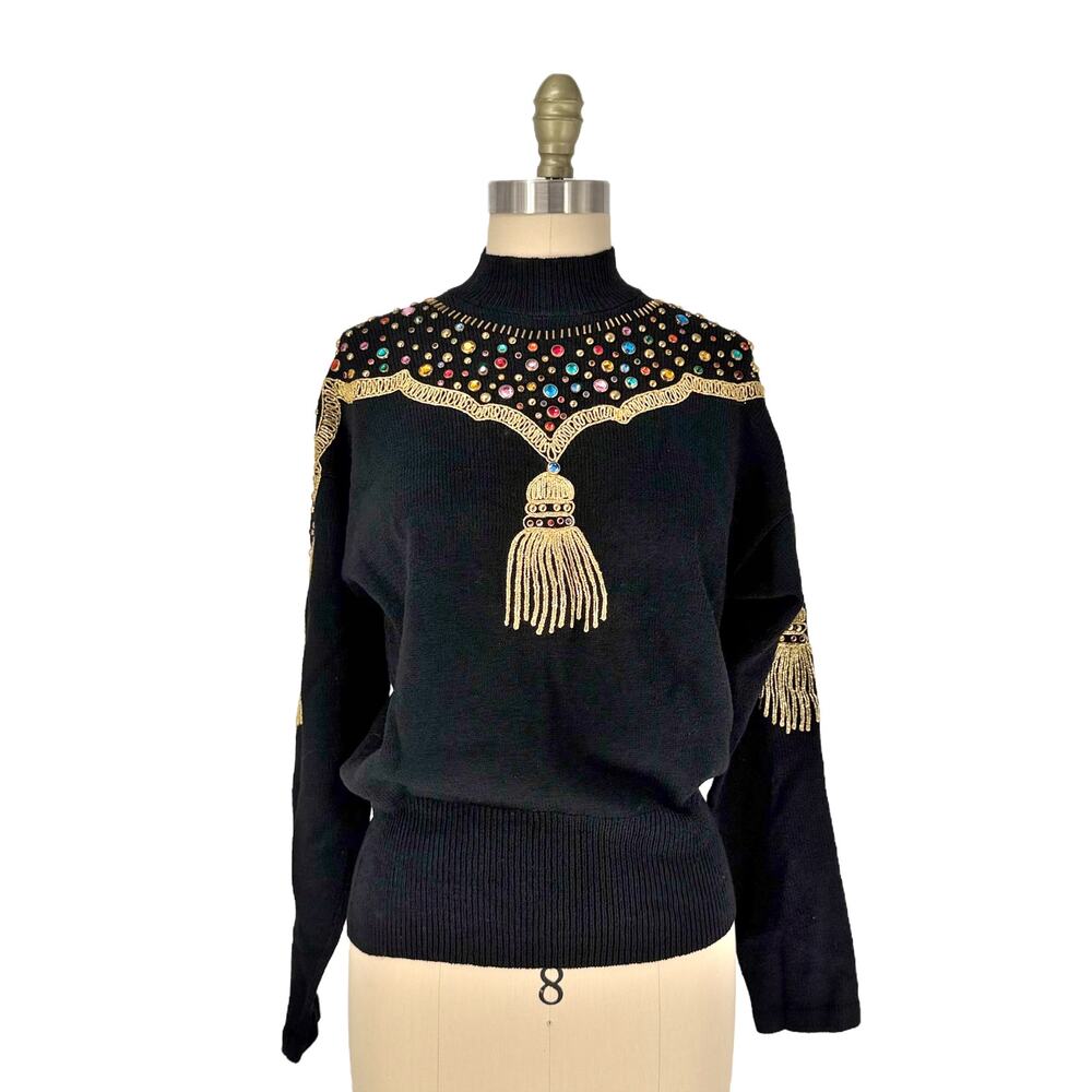 Vintage 80s Antonella Preve NY Gold Tassel + Studs + Rhinestone Sweater Medium - Picture 3 of 16